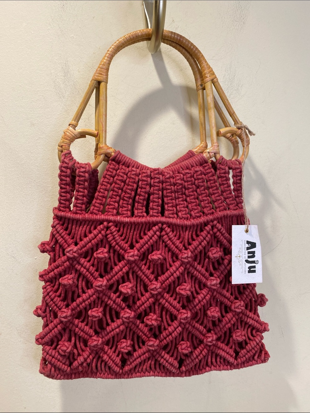 ANJU Red Macramé Handbag with Bamboo Handles NWT